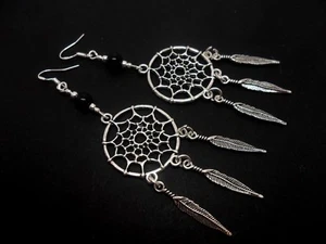 A PAIR LONG DREAMCATCHER ONYX BEAD EARRINGS WITH 925 SOLID SILVER HOOKS. NEW.. - Picture 1 of 1