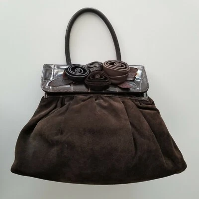 Braccialini Made in Italy Designer Brown Leather & Suede Bag Flowers Applique - Image 1 of 4