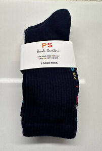 NEW Paul Smith Mens Organic Cotton Crew Socks 3-Pack Blue FREE Shipping