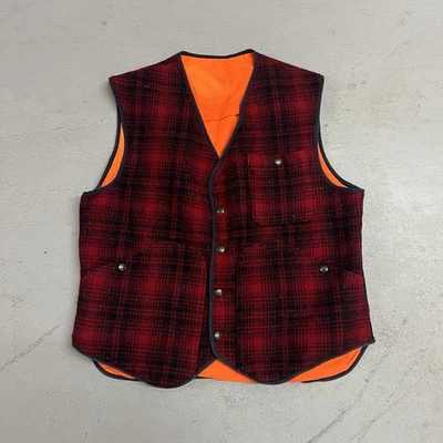 Vintage Woolrich Vest Mens L Red Buffalo Plaid Reversible Blaze Orange USA Made - Image 1 of 4