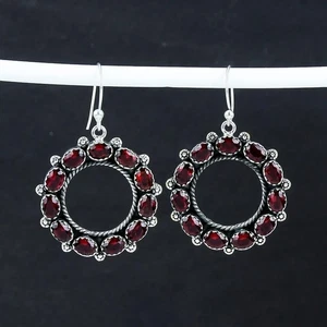 Elegant Garnet Gemstone Circle Drop Earrings 925 Sterling Silver Artisan Jewelry - Picture 1 of 7