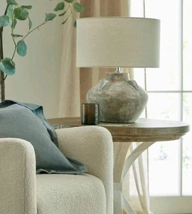 Ceramic Brown Rustic Table Lamp with Linen Shade Stone Look Base Lekanis 50 cm - Picture 1 of 8