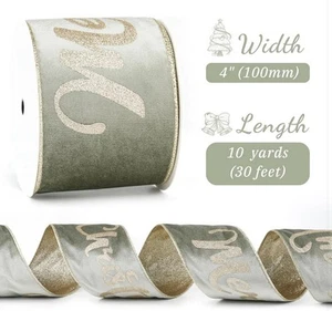 Sage Green Velvet Silver Merry Christmas Wired Ribbon 4 Inch x 10 Yards - Picture 1 of 4