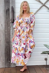 JAASE - Tulli Midi Dress: Shirred Bodice Balloon Sleeve Midi in Sweet Lily Print - Picture 1 of 9