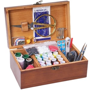 Wooden Sewing Kit Box, Wooden Sewing Box with Sew Kit Accessories, Sewing Rep... - Picture 1 of 7