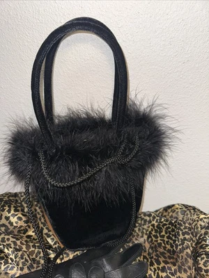 Винтажный черный бархат сумка перо отделки гонки свадьбы Y2K 90-х Дамская сумка вечеринки - Изображение 1 из 4