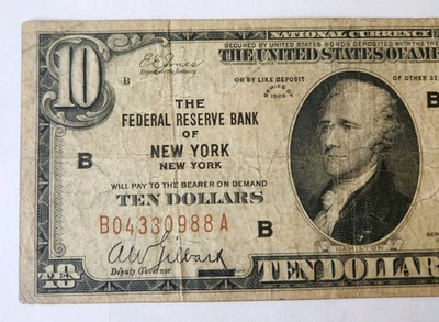 1929 $10 Federal Reserve Banknote, New York District - Image 1 of 4