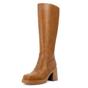 HEIFIN Platform Knee High Boots Women Brown Leather Tall Boots For Women Squa... - Picture 1 of 5