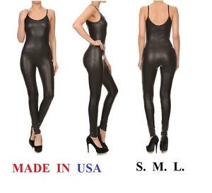 USA MADE FAUX LEATHER SPAGHETTI STRAP CATSUIT JUMPSUIT ONE PIECE UNITARD S M L