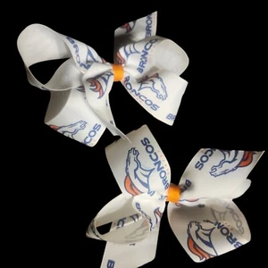 Vintage Pair Denver Broncos Hair Bows 5" Fabric NFL Football Ribbon Metal Clip - Picture 1 of 4