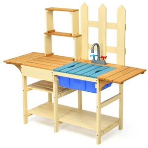 Costway Kid's Wooden Mud Kitchen Outdoor Kitchen Pretend Cook Playset Toy - Picture 1 of 8