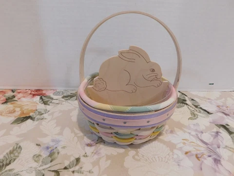 Longaberger 2001 Round Whitewashed Easter Basket Protector Liner Rabbit Divider Cover