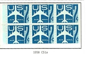 1958 U.S. AIRMAIL 7c Blue JET PLANE BOOKLET PANE OF 6 Sc#C51a M/NH/OG - Picture 1 of 1