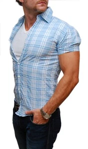 $620 Burberry Mens Stretch Dress Casual Short Sleeve Shirt Check Blue White XS - Bild 1 von 2