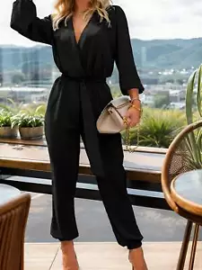 Women's Casual One Piece Outfits Long Sleeve Belt Pockets Long Pants Jumpsuits# - Picture 1 of 14