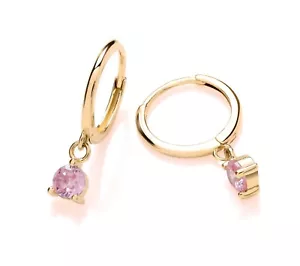 9ct Yellow Gold simulated PINK SAPPHIRE Drop Dangle Hoop Earrings - October - Picture 1 of 7