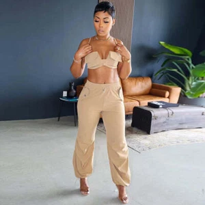 Spaghetti Straps Corset Niche Cropped Outfit Ankle Tied Trousers Drawstring Two - Picture 1 of 5