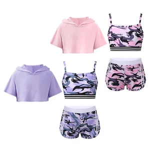 Kids Girls Tracksuits Camouflage Camisole Outfits Hooded Set Dance Crop Top - Picture 1 of 32
