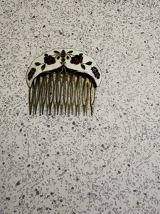 Pettine per capelli cloisonné smaltato vintage crema e motivo floreale rosa  - Foto 1 di 2
