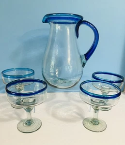 Mundgeblasener mexikanischer Glaskrug Kobaltblau & 4 Margarita Gläser ohne Chips ~ SCHÖN - Bild 1 von 20