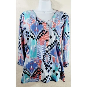 Ruby Rd. Top Azul Blanco Naranja Estampado Abstracto Cuello en V Grande Ligero Suave - Imagen 1 de 6
