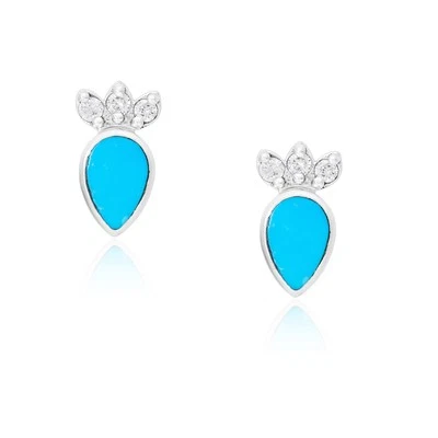 950 Platinum Natural Diamond & Turquoise Gemstone Tiny Studs Earrings-For Gift ! - Image 1 of 4