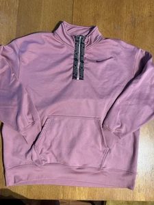 Nike Dri-Fit 1/4 Zip Pullover Kangaroo Pocket Pink Rose Womens L Logo Tape Rare - Picture 1 of 8