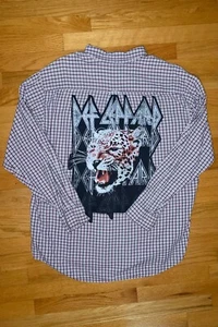 Vintage Distressed Button-Up Shirt w/ 80s Band Def Leppard - Mens L - Picture 1 of 4