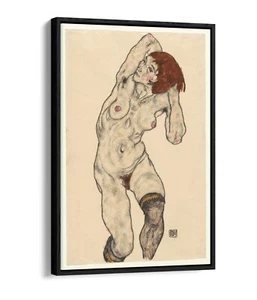 EGON SCHIELE NUDE WITH STOCKINGS -FLOAT EFFECT CANVAS WALL ART PIC PRINT-GREEN - Picture 1 of 12