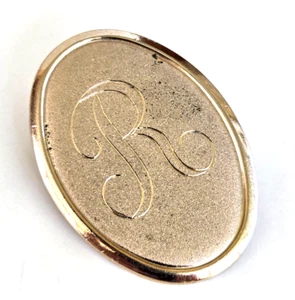 Prendedor vintage corte diamante letra inicial R cepillado ovalado tono oro 1-3/8" - Imagen 1 de 3