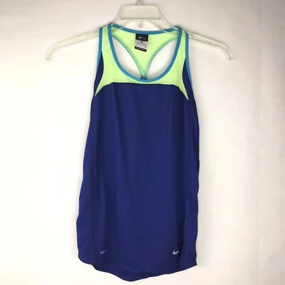 Camiseta sin mangas Nike azul corredor espalda verde neón con ribete de malla ropa activa Swoosh talla pequeña Foto 1 de 4