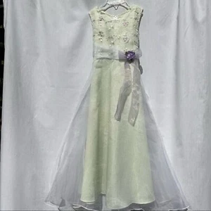 Girls Bonnie Jean Gingham Dress Long Sleeveless Green Purple Flowers - Size 7 - Picture 1 of 9