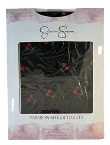 Jessica Simpson Sheer Tights Cherry Print Design Control Top Sz Medium CD Black - Picture 1 of 4