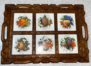Vintage mexikanisches handgeschnitztes Holz & Keramikfliesen Serviertablett 18” x 13” Obst - Bild 1 von 10