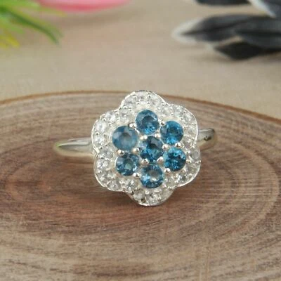 Blue Topaz Cluster Ring 925 Sterling Silver White Topaz Flower Engagement Ring - Image 1 of 4