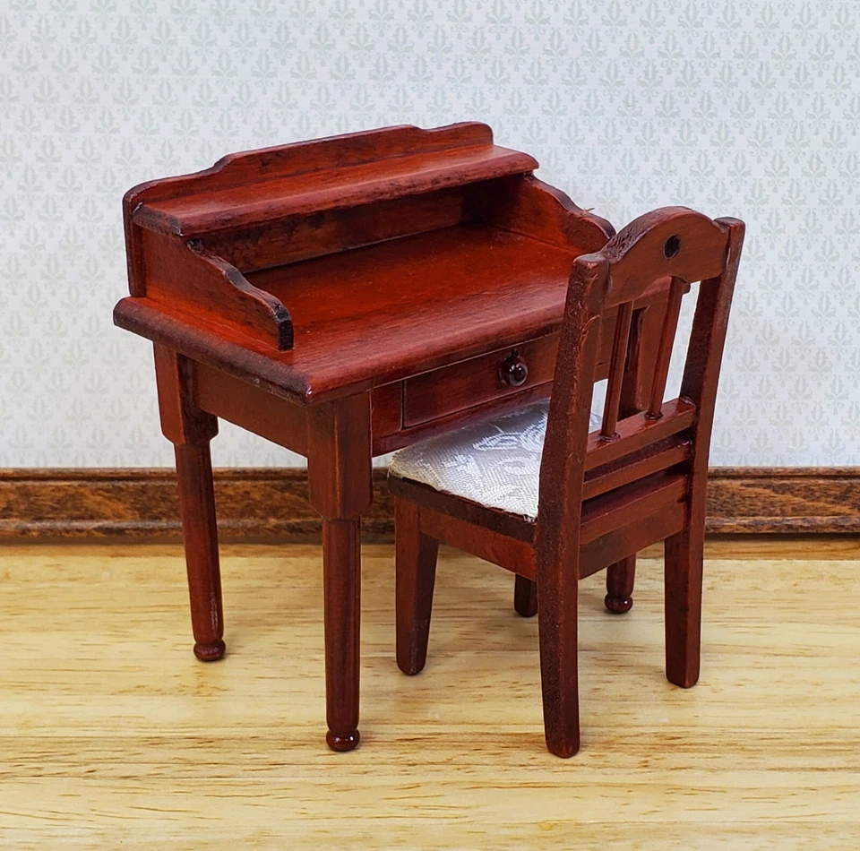 Dollhouse Writing Desk with Chair Mahogany Finish Small Profile 1:12 Scale - Image 1 of 4