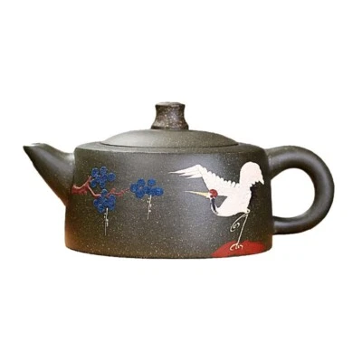 Tetera hecha a mano estilo zen grúa relieve tradicional 9 agujeros infusores Zisha real Foto 1 de 4