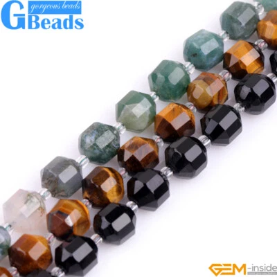 Assorted Stone Agate Beads Natural Faceted Loose Bicone Beads Jewelry Making 15" - Image 1 of 4