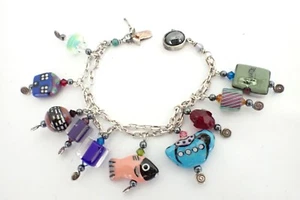 Sterling Silver Double Chain Bracelet W/ Murano Glass Charms - Picture 1 of 5