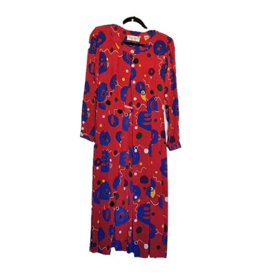 Vestido De Colección Albert Nipon Rojo Seda Estampado Artístico Abstracto Plisado Blusa Mod S Foto 1 de 4