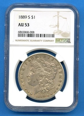 1889 S NGC AU53 Morgan Silver Dollar $1 US Mint Coin Rare Date 1889-S AU-53 - Image 1 of 3