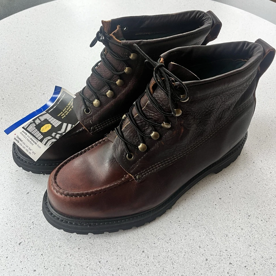Botas de couro vintage NOS Vibram biqueira de aço feitas nos EUA tamanho 12 - Imagem 1 de 4
