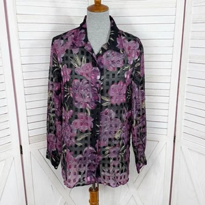 Vintage Notations Blouse Women Large Black Purple Sheer Floral Check Shimmer 90s - Picture 1 of 11