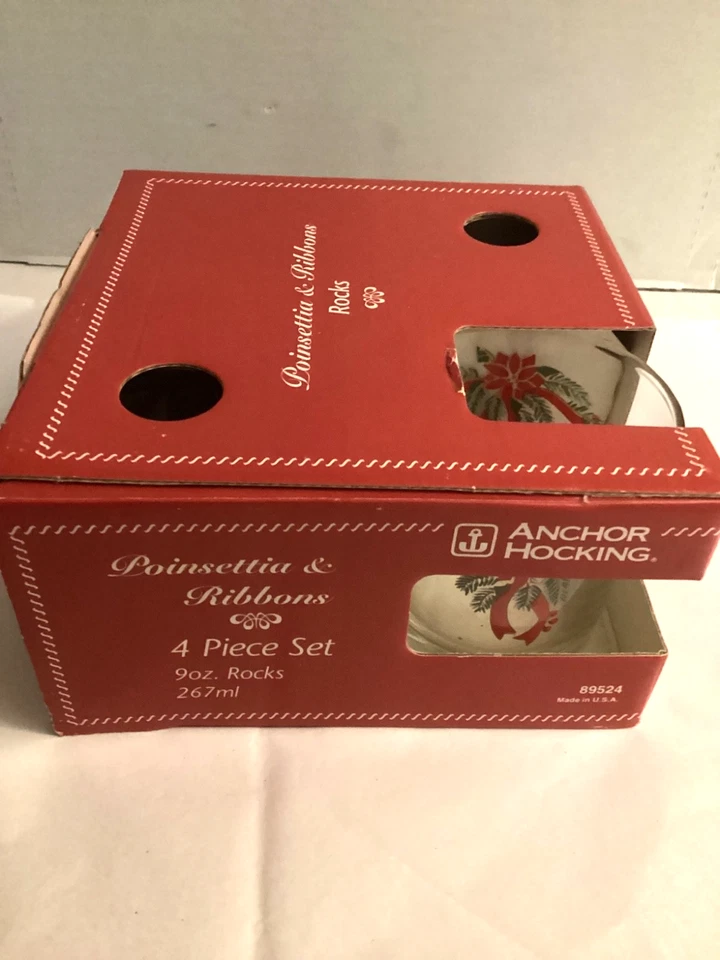 4 Anchor Hocking Poinsettia & Ribbons 9 Oz Rocks Glasses Tumblers Glassware