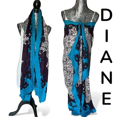 Cachecol Diane Von Furstenberg Sarong envoltório capa azul preto roxo branco redemoinho - Imagem 1 de 4