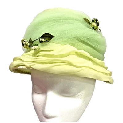 Mid Century Pill Box Hat Pastel Greens Chiffon Dressy Floral Millinery Cottage - Image 1 of 4