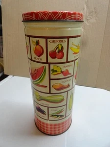 Vintage 10.5" High Red Checkered Tin with Fruit & Vegetable Pattern - Picture 1 of 4