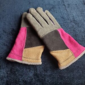 Fownes Gloves Imported Suede Leather Size M Color Blocked Lined Women’s Vintage