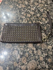Kettle Black Studded Leather Brown Clutch Zippered Made in USA Wristlet Wallet - Picture 1 of 10