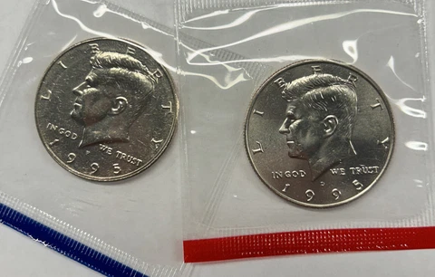 1995 P&D Kennedy Half Dollars from Mint Set in Mint Cello with Free Shipping Cover